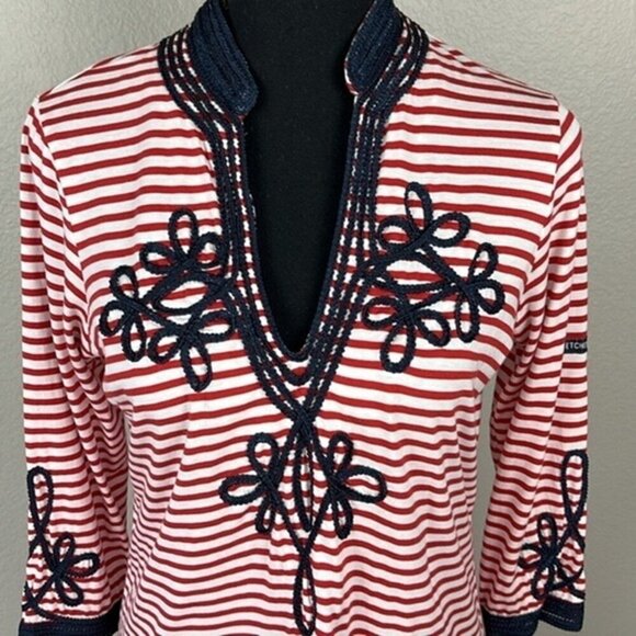 Gretchen Scott Admiral Midi Tunic Dress Striped Embroidery V-Neck Nauticalcore S - Picture 5 of 12